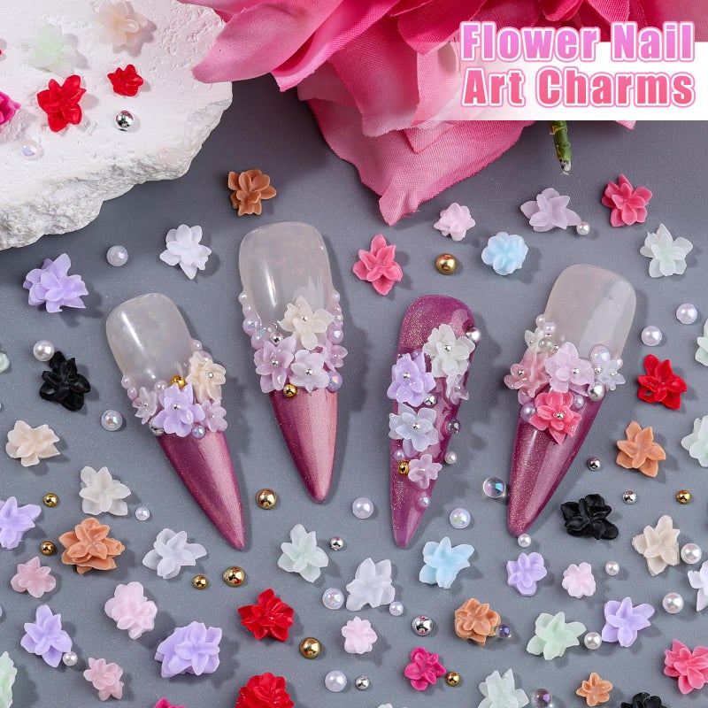 editTime Flower Nail Art Charms, 3D Flowers for Nails Colorful Flower Nail Charms 3D Acrylic Flowers Petals Floral Nail Charms with Bubble Beads and Flatback Pearls for Women Nail Art Design (Flower+Beads) - Image 3
